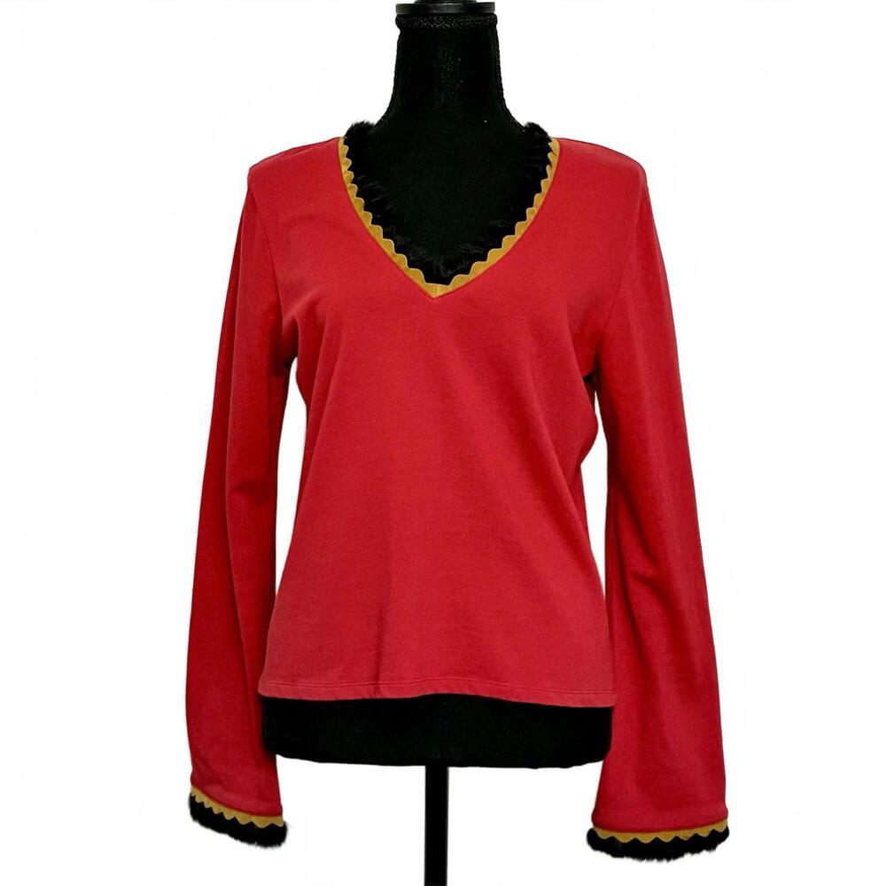 Telluride Clothing Co Red V Neck Cotton Top M Faux Fur Trim Ric Rac Y2K Vintage